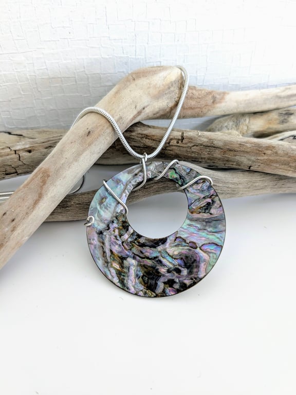 Abalone Shell Pendant on Long Sterling Silver Necklace