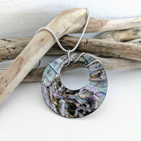 Abalone Shell Pendant on Long Sterling Silver Necklace