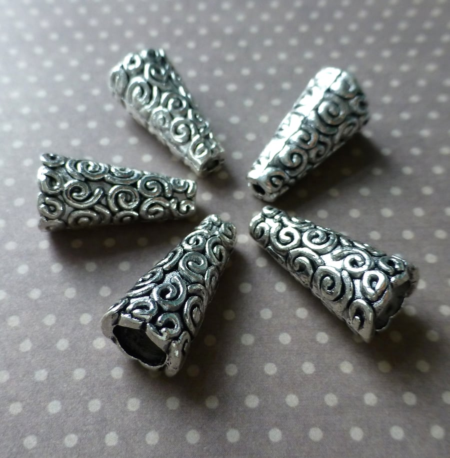 Pack of 14 - Antique Silver Cone Bead Caps Swirls 