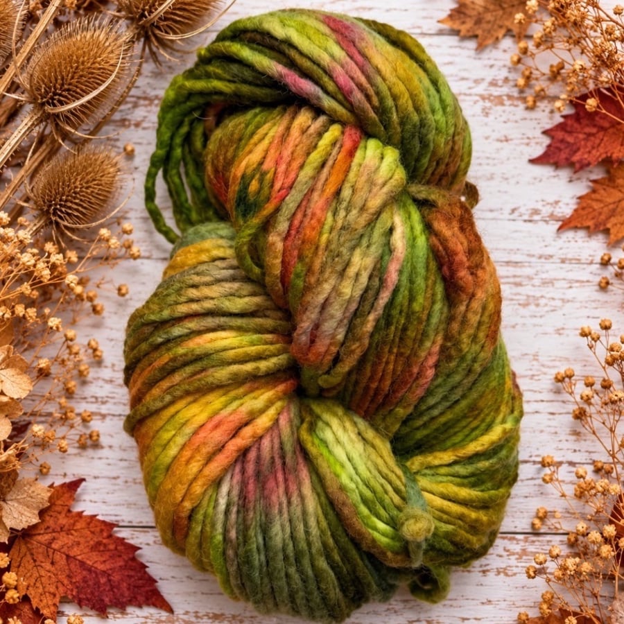 200g Hand dyed super chunky merino yarn, autumnal mixed greens red palette W31