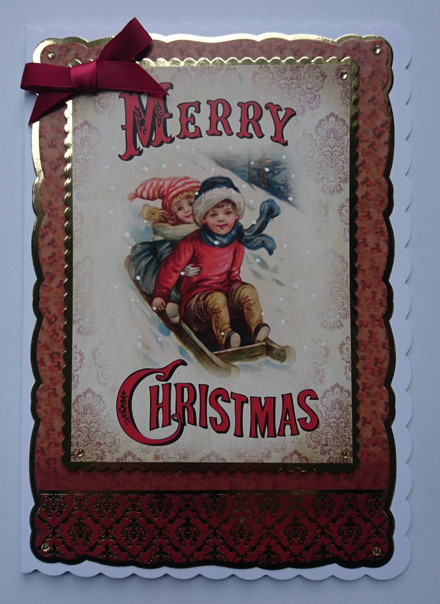 Handmade Christmas Card Vintage Children Sledding Merry Christmas