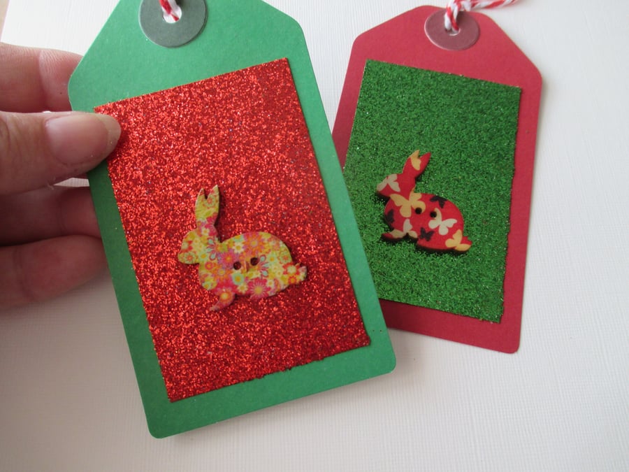 Gift Tag Christmas Bunny Rabbit Button Gift Tag Glitter Red Gold Green
