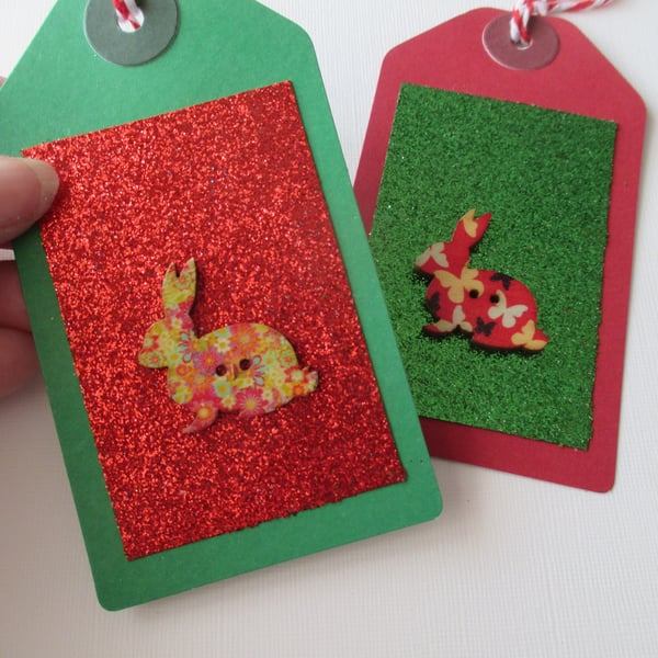 Gift Tag Christmas Bunny Rabbit Button Gift Tag Glitter Red Gold Green
