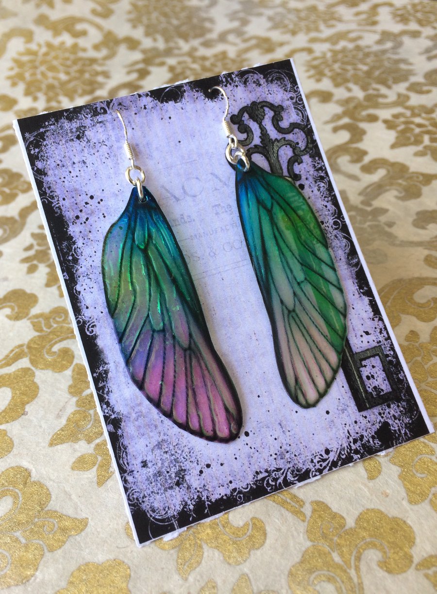 Blue and Green Shimmering Fairy Wing Sterling Silver Earrings