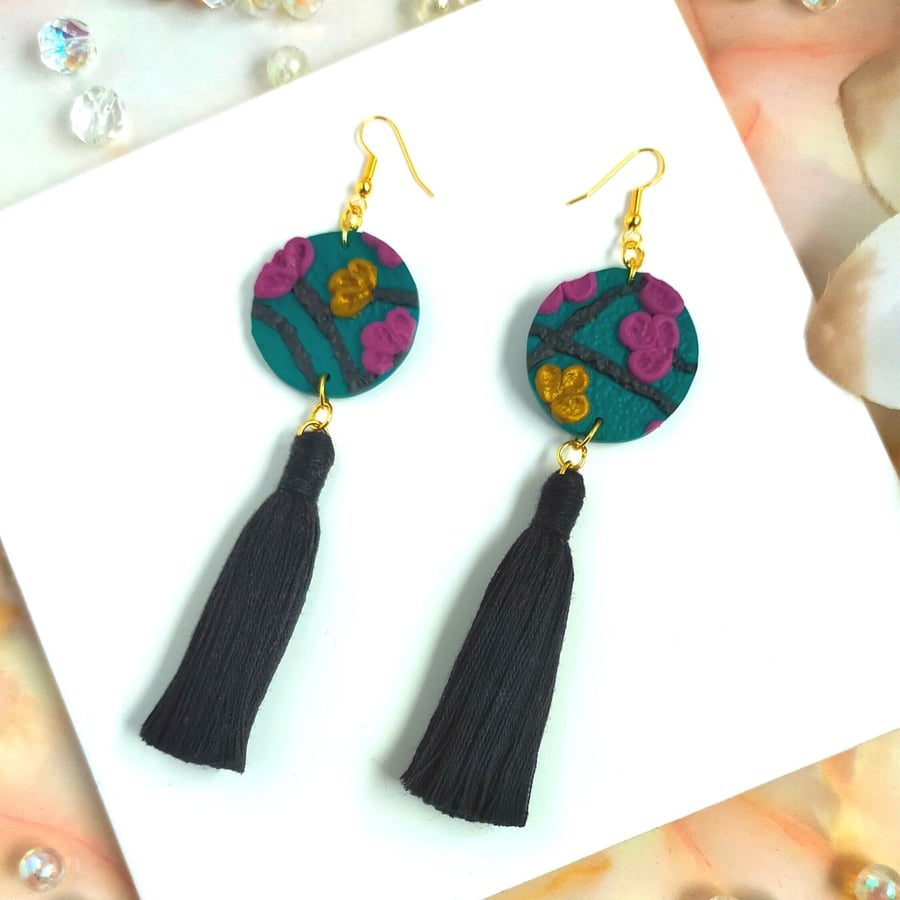 Green Flora pattern circle gold earrings with fringe, Polymer clay statement ear