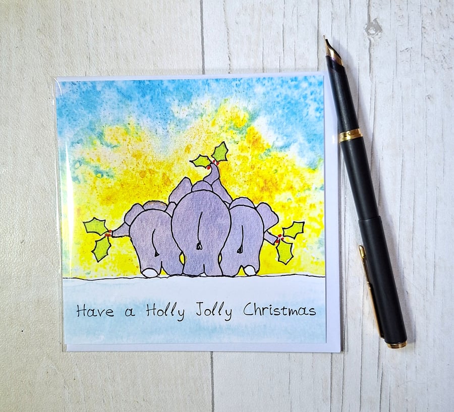 Elephants Christmas card. Elephant lovers card. Printed card. Blank card. 