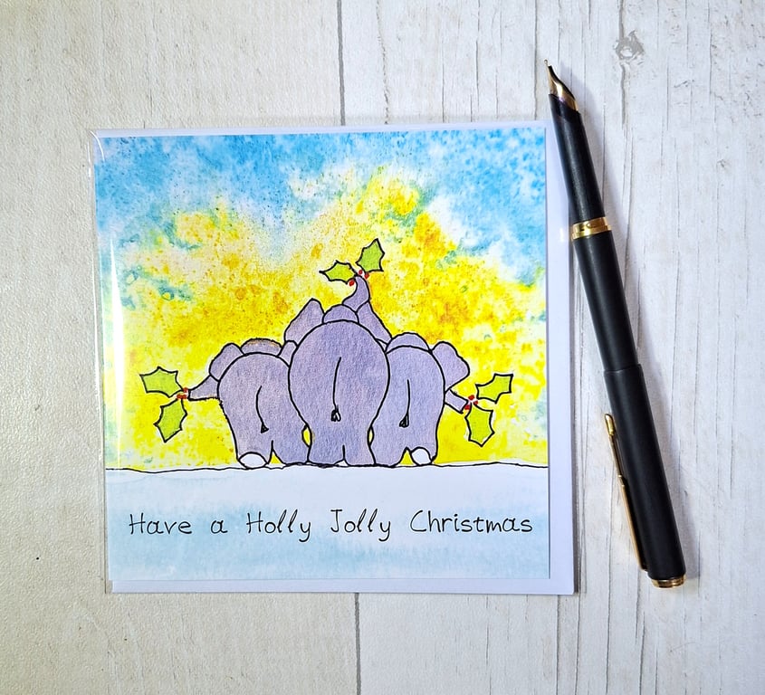Elephants Christmas card. Elephant lovers card. Printed card. Blank card. 