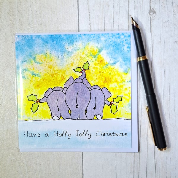 Elephants Christmas card. Elephant lovers card. Printed card. Blank card. 