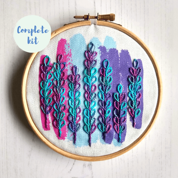 Delphinium embroidery kit - cerise and teal