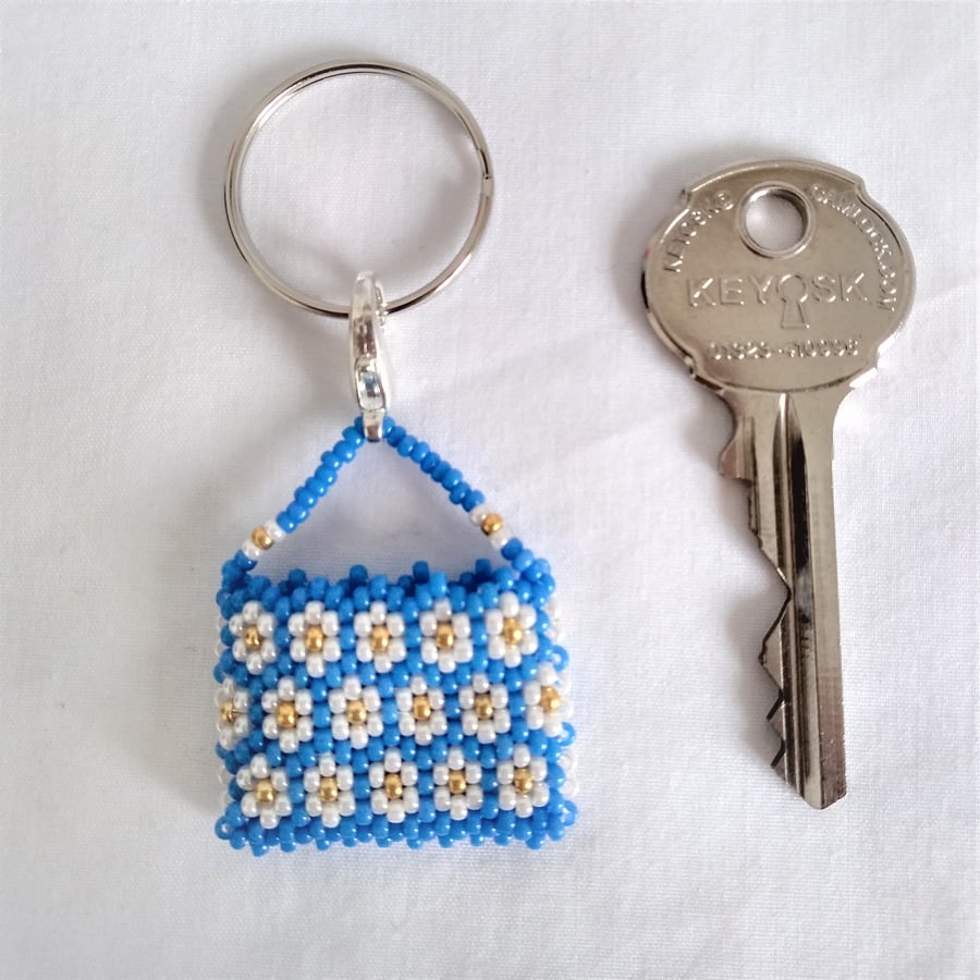 Blue and Pearl Flower Miniature Handbag Charm Keyring