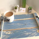 Blue rustic handmade reclaimed wooden serving tray, garden tray with handles