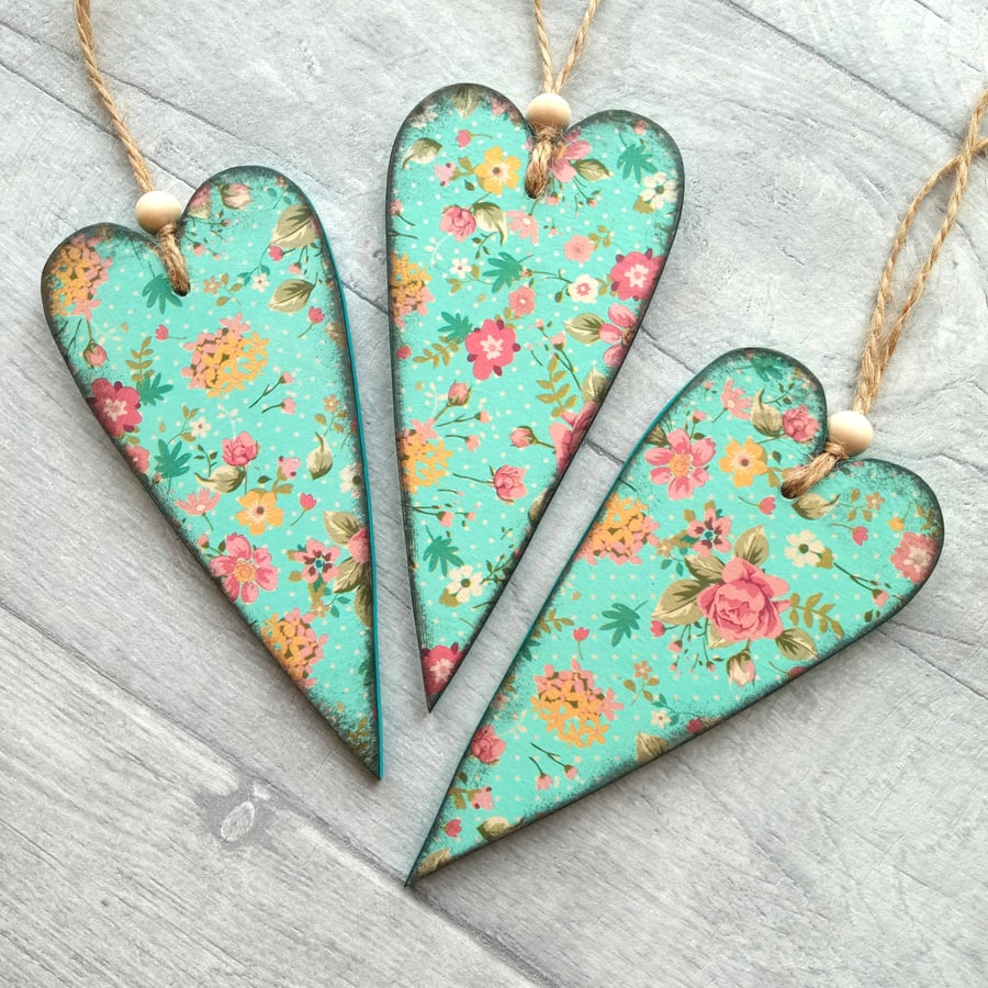 3 Vintage Floral Distressed Hanging Love Hearts Sign Plaque Home Bedroom Decor