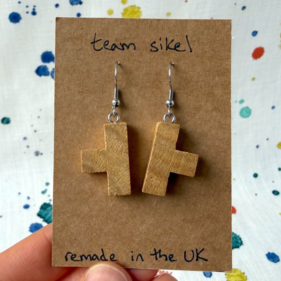 Light Wooden T Earrings from a 3D Puzzle - Old Stock - Super Seconds