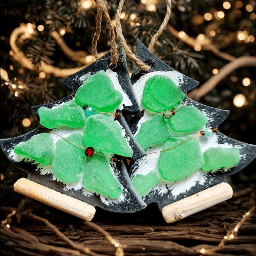 Handmade Sea Glass and Slate Christmas Tree Hanging Decoration