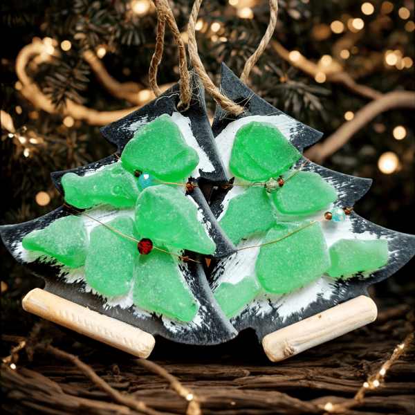 Handmade Sea Glass and Slate Christmas Tree Hanging Decoration