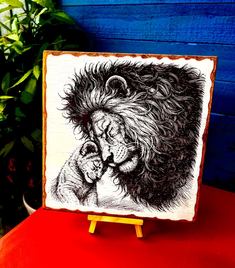 Lion and cub wooden plaque 