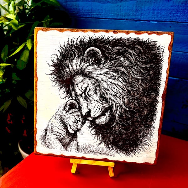 Lion and cub wooden plaque 