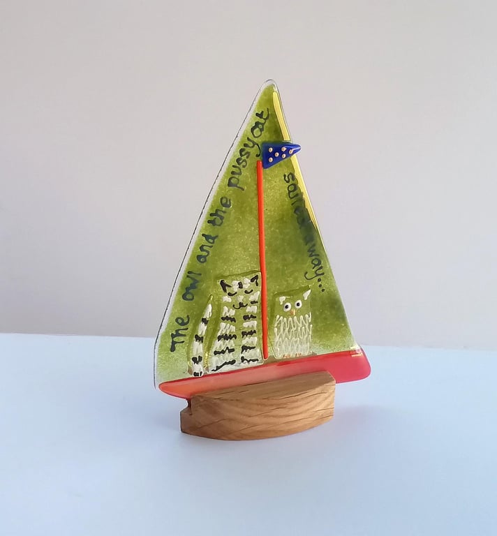 Fused Glass Owl and Pussycat Sailboat: Nursery Decor