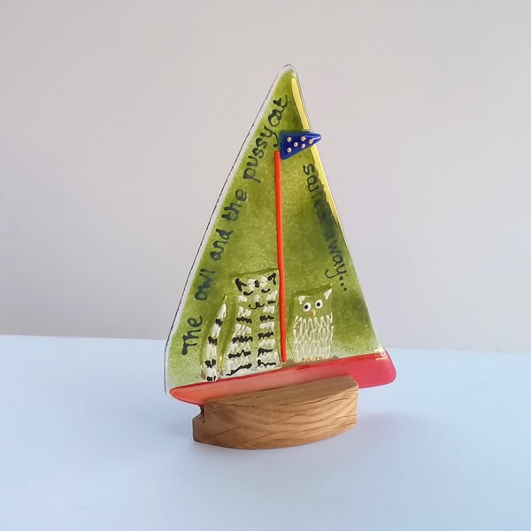 Fused Glass Owl and Pussycat Sailboat: Nursery Decor