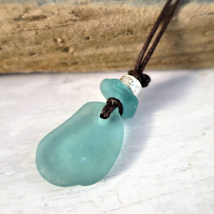 Aqua Sea Glass Pendant, Handmade Coastal Necklace on Waxed Cotton Cord