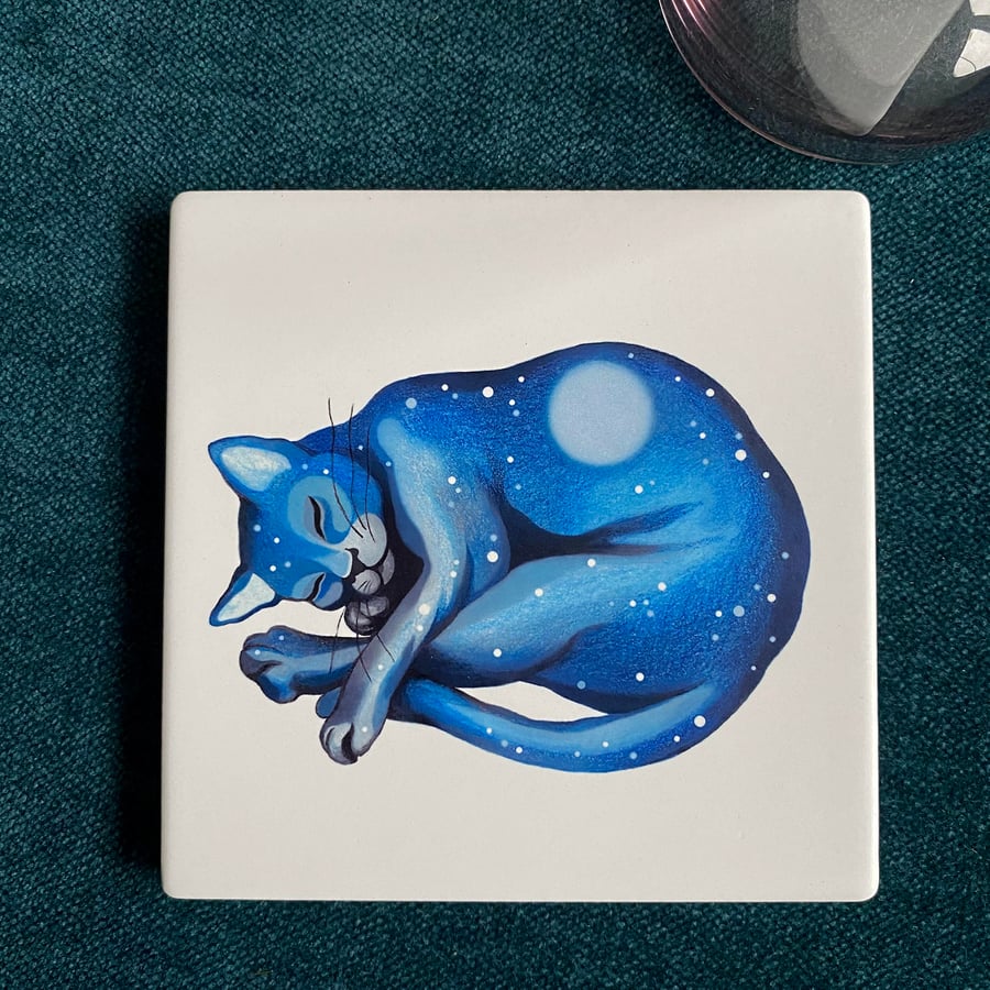 Perfectly Imperfect, Cat coaster, ceramic drinks coaster. 'Seconds' Cat Dreaming
