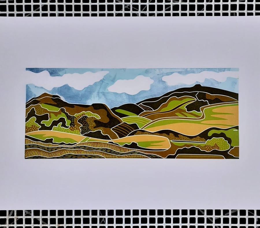 Clwyd Hills - Welsh landscape linocut.