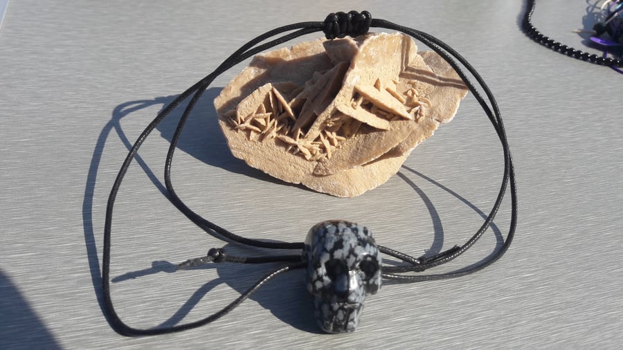 Snowflake Obsidian Skull on Cotton Cord Adjustable Necklace
