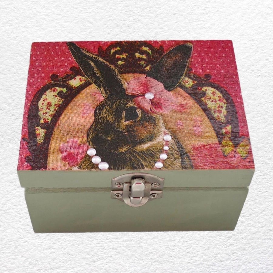 Decorated Wooden Box 12cm: Rabbit design