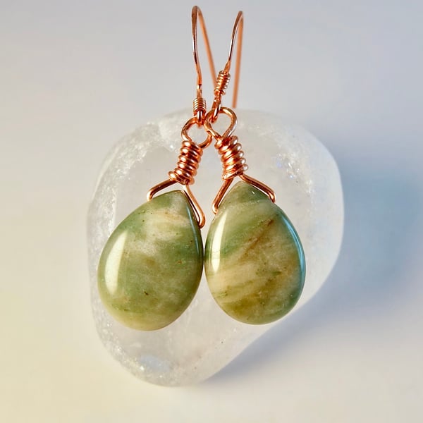 Tree Agate Teardrop And Copper Earrings - Handmade In Devon