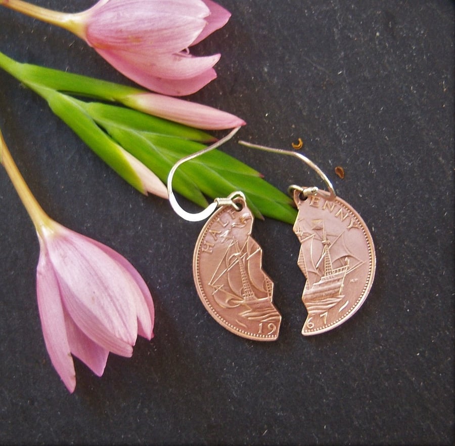 Recycled bronze halfpenny earrings