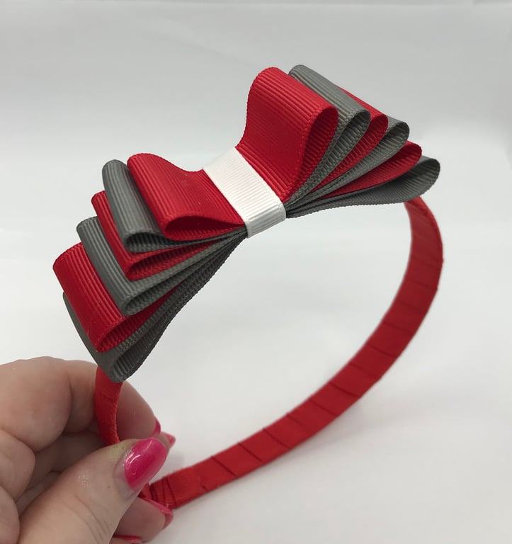 School Red, Grey and White Hairband with 5 Layer Two-tone Straight Bow
