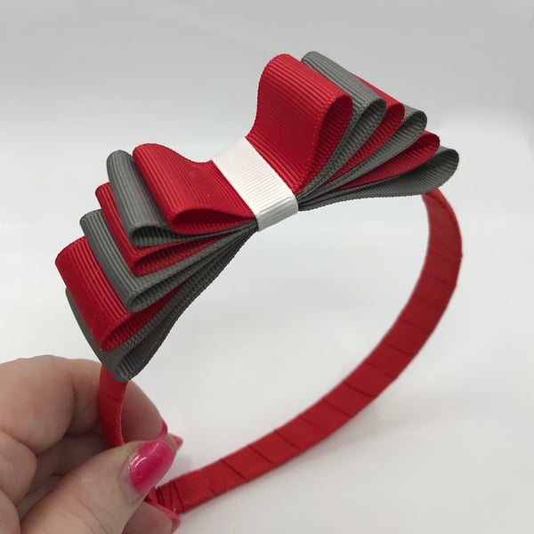 School Red, Grey and White Hairband with 5 Layer Two-tone Straight Bow