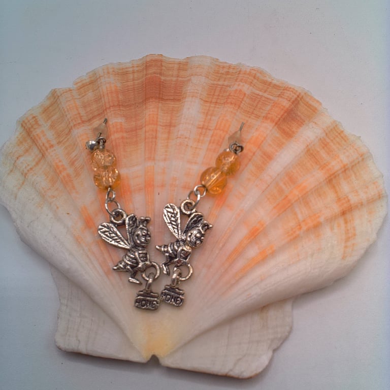 Stud Earrings with Bee and Honey Pot Charm and Glass Beads, Gift for Her