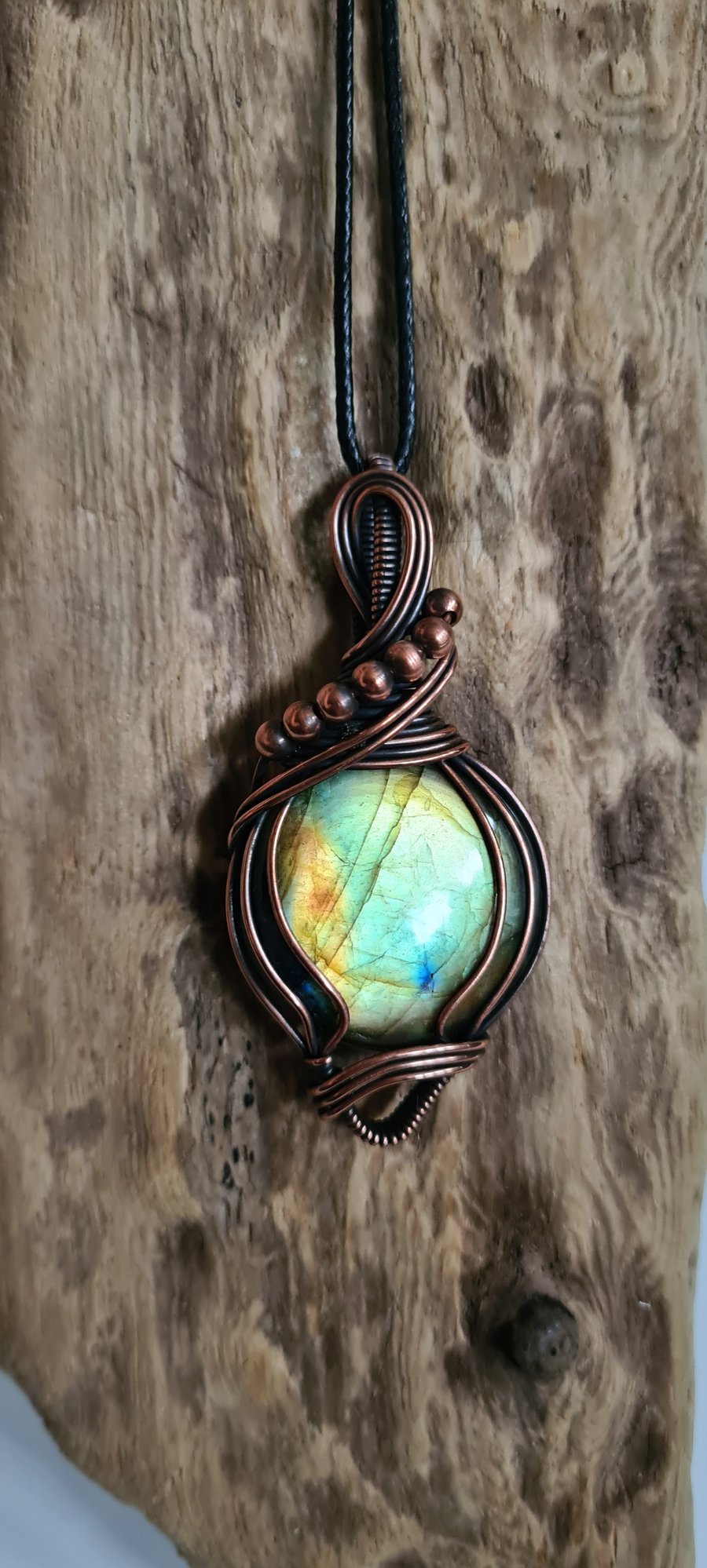 Large Natural Green Labradorite & Copper Pendant Necklace Gift Crystal Jewellery