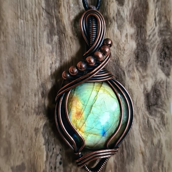 Large Natural Green Labradorite & Copper Pendant Necklace Gift Crystal Jewellery