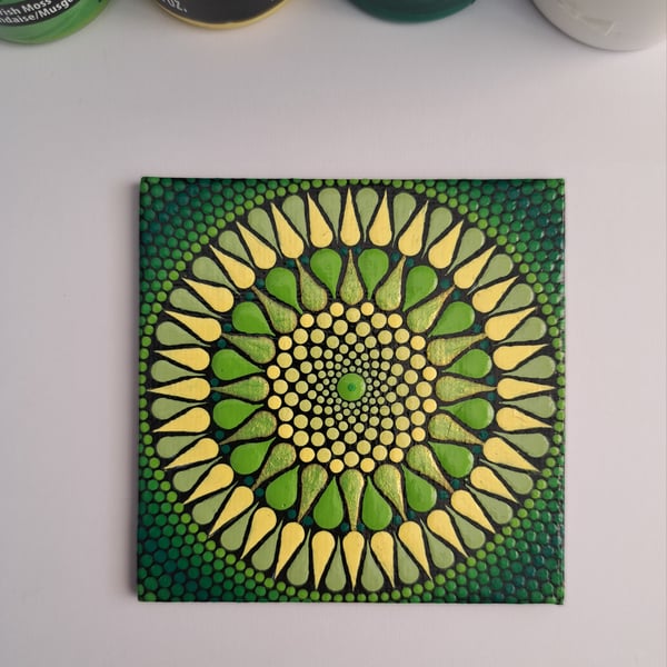 Hand Painted Canvas Magnet with Green Mandala and Dot Art Design