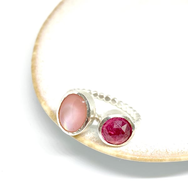 Tourmaline and Mother of pearl Silver Dot Ring