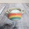 Perfectly imperfect Speckled ceramic tealight holder with rainbow design