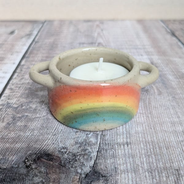 Perfectly imperfect Speckled ceramic tealight holder with rainbow design