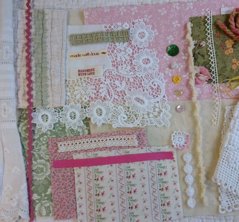 Upcycled Slow Stitching kit - rose pink and green vintage and antique fabrics