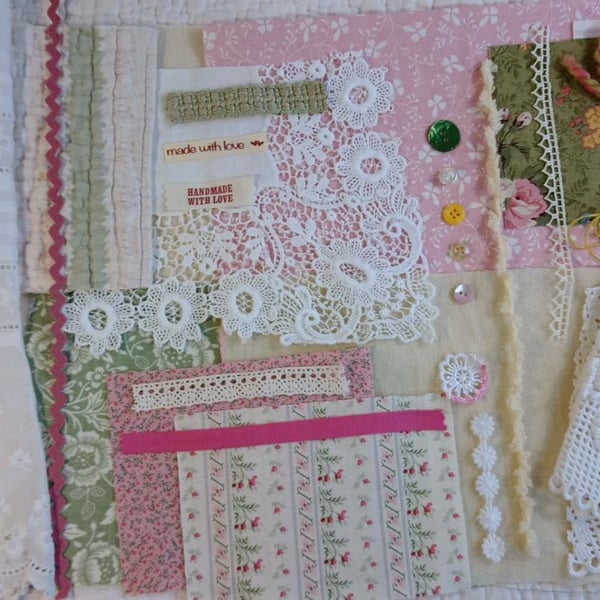 Upcycled Slow Stitching kit - rose pink and green vintage and antique fabrics