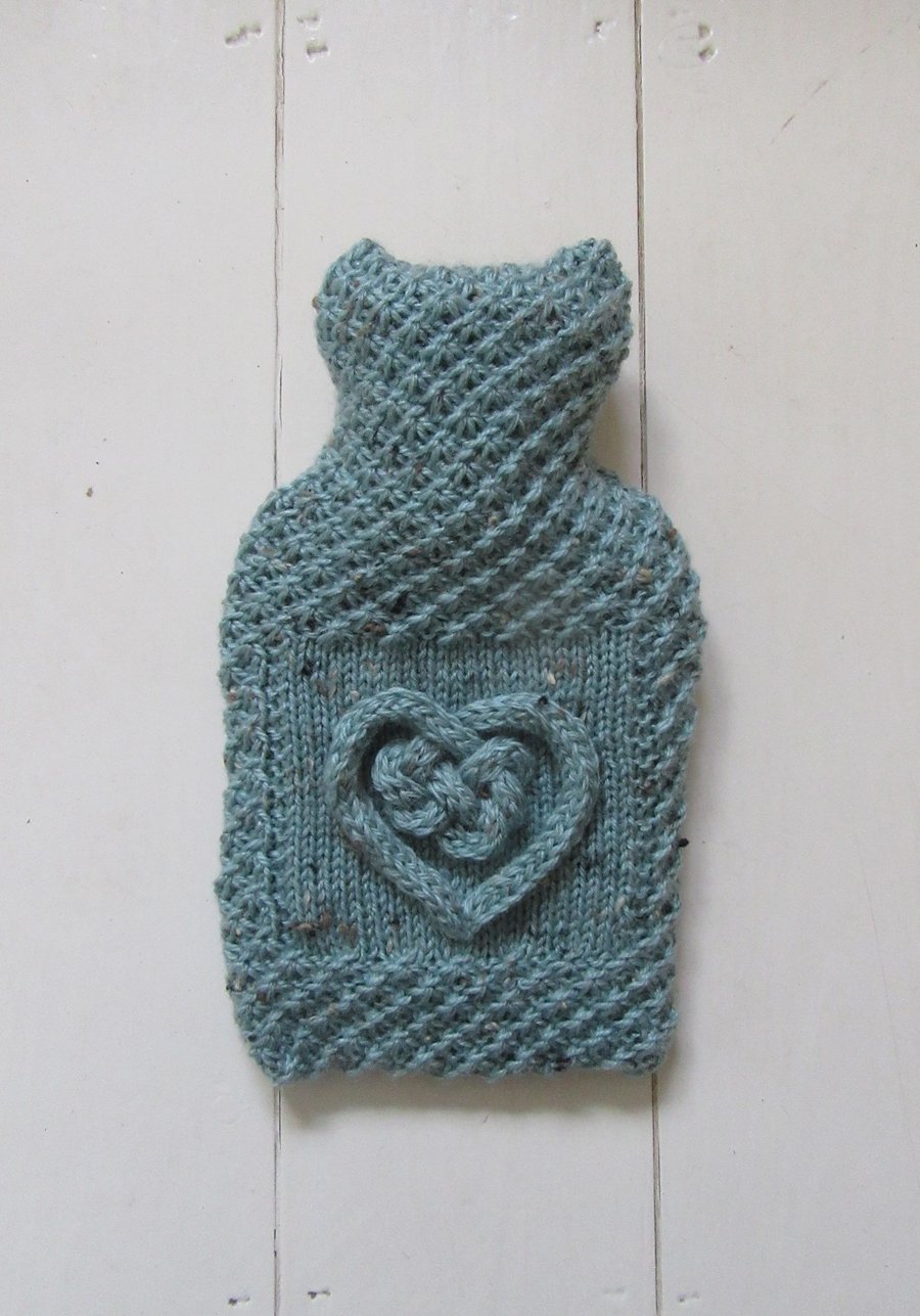 Hot water bottle cover - duck egg tweed with love knot