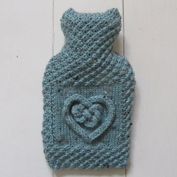 Hot water bottle cover - duck egg tweed with love knot