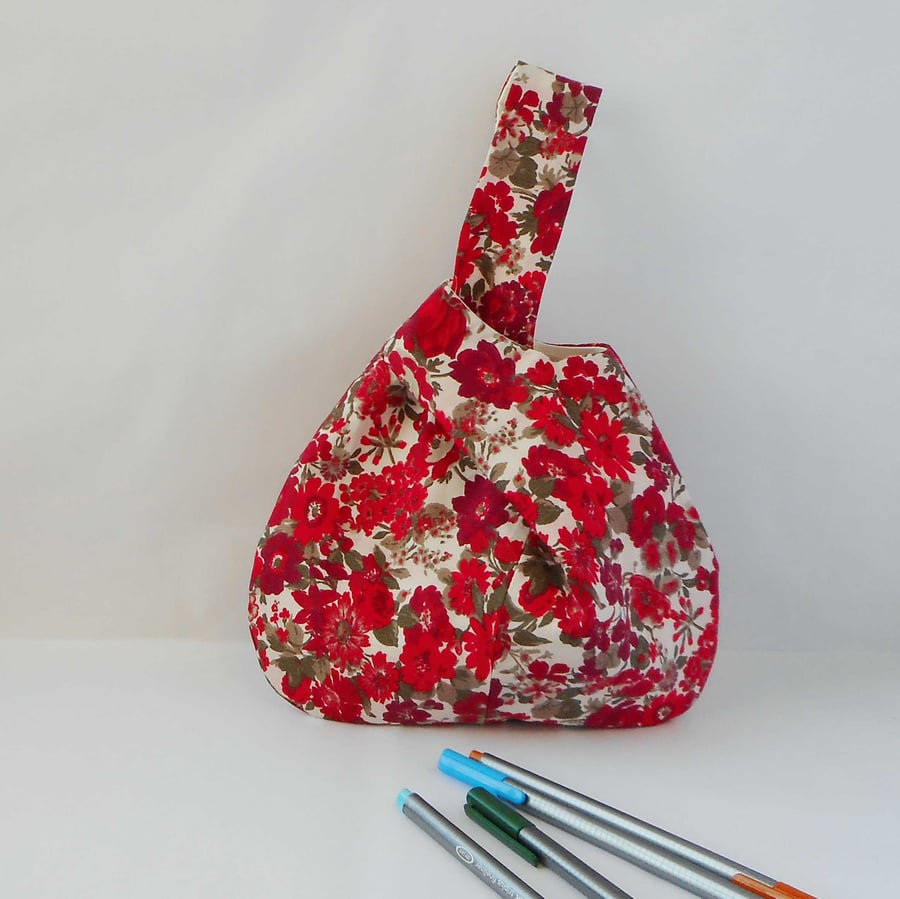 Red floral Japanese Knot bag in vintage fabric