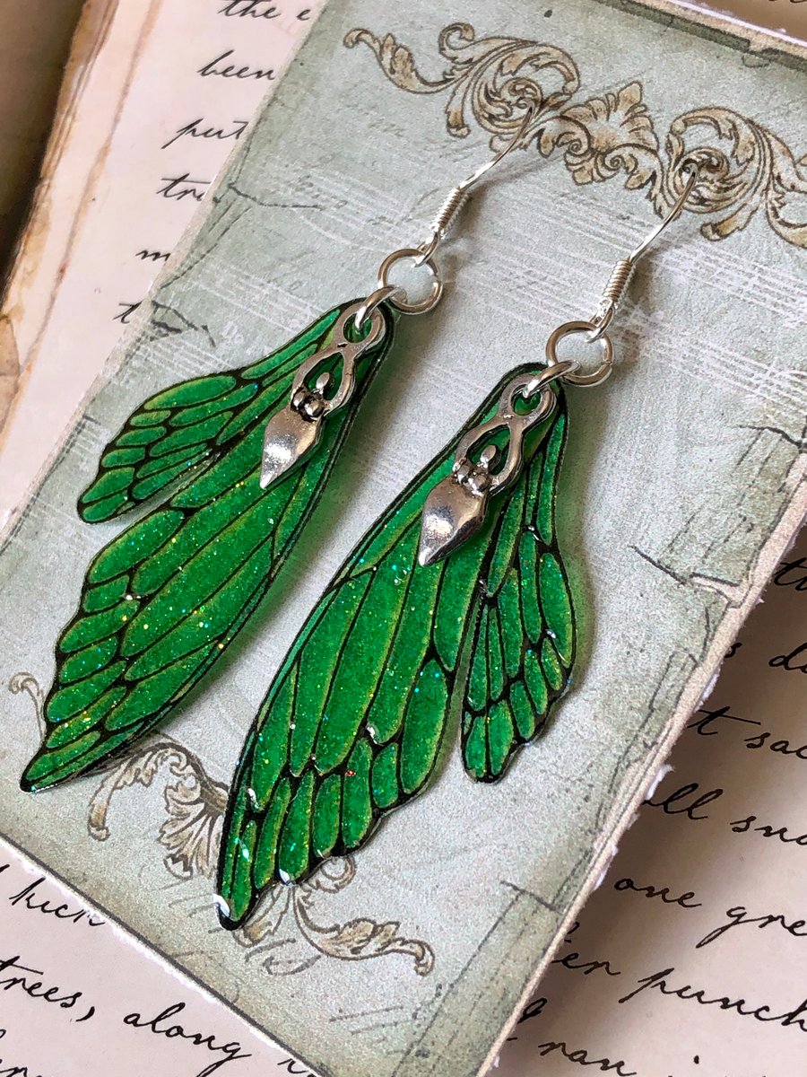 Sparkling Green Goddess Double Fairy Wing Earrings Sterling Silver