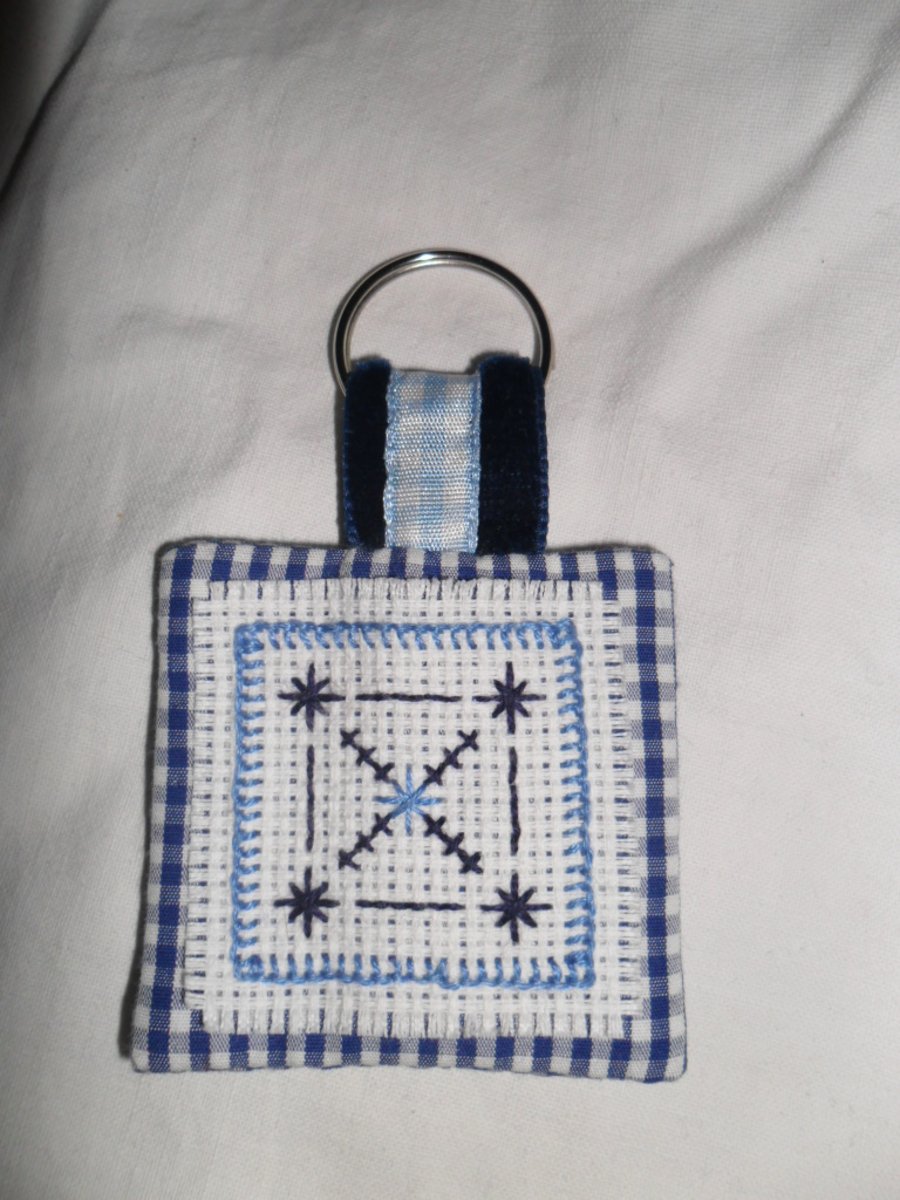 Keyring - Cross Stitched in Blues