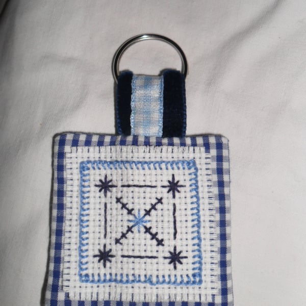 Keyring - Cross Stitched in Blues
