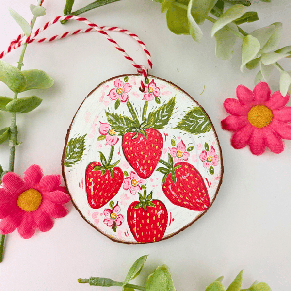 Strawberry hand-painted log slice decoration 