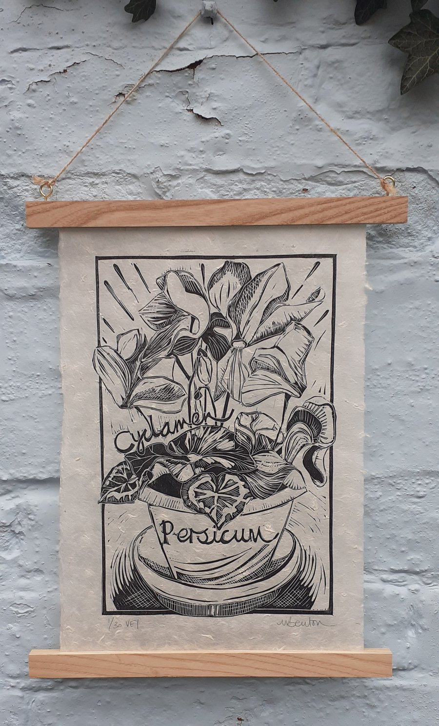 'Cyclamen Persicum', Lino Print in Black on Lokta Paper (VE1)