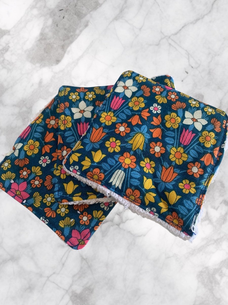 Reusable Towelling Face Wipes in Dark Blue Liberty Fabric 
